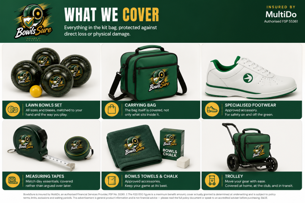 Bowls Sure covered lawn bowls equipment including bowls, carrying bag, specialised footwear, measuring equipment, towels, chalk and trolley