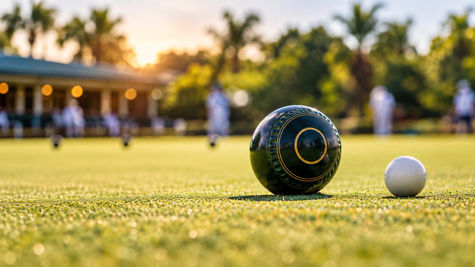 A lawn bowl and jack resting on a manicured green at golden hour, with bowlers and a clubhouse beyond