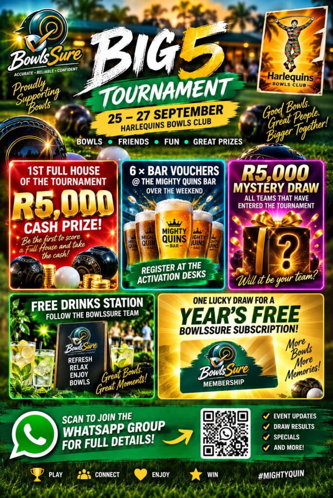 Harlequins Big 5 Tournament, 25 to 27 September 2026, sponsored by BowlsSure