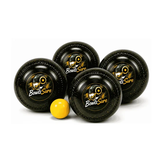 A BowlsSure branded set of four lawn bowls with a jack